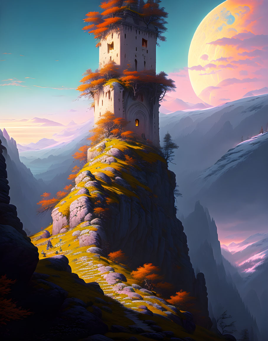 Fantasy tower on cliff with orange foliage and large moon.