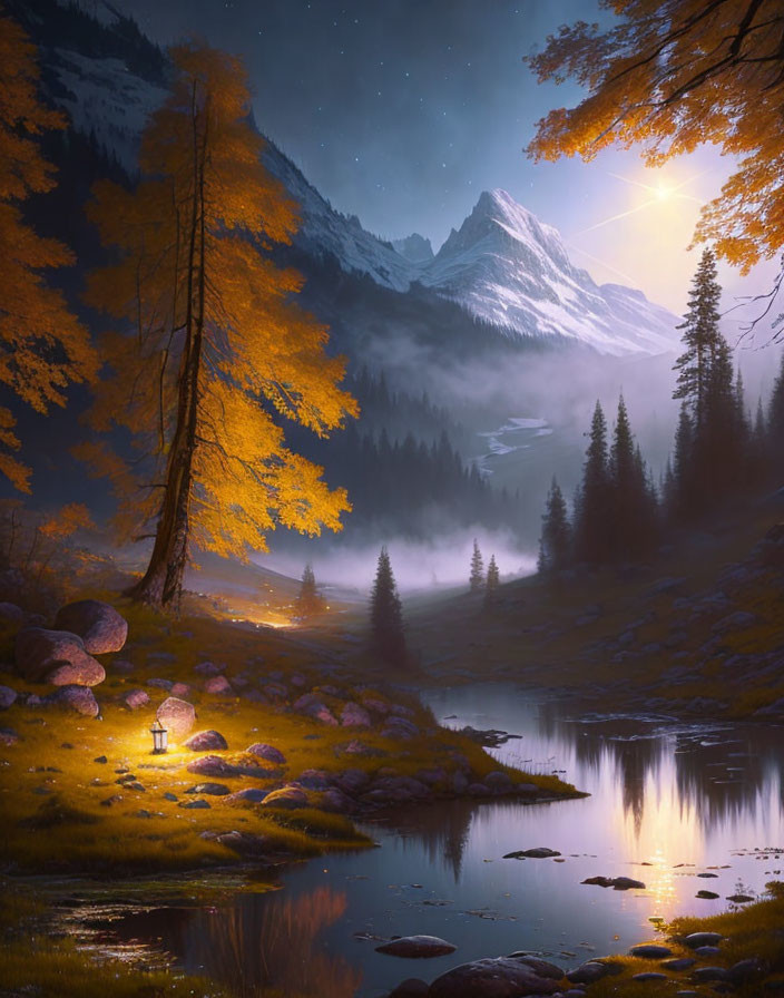 Autumnal mountain scene at dusk with glowing lantern by tree, reflecting on still lake amidst fog and