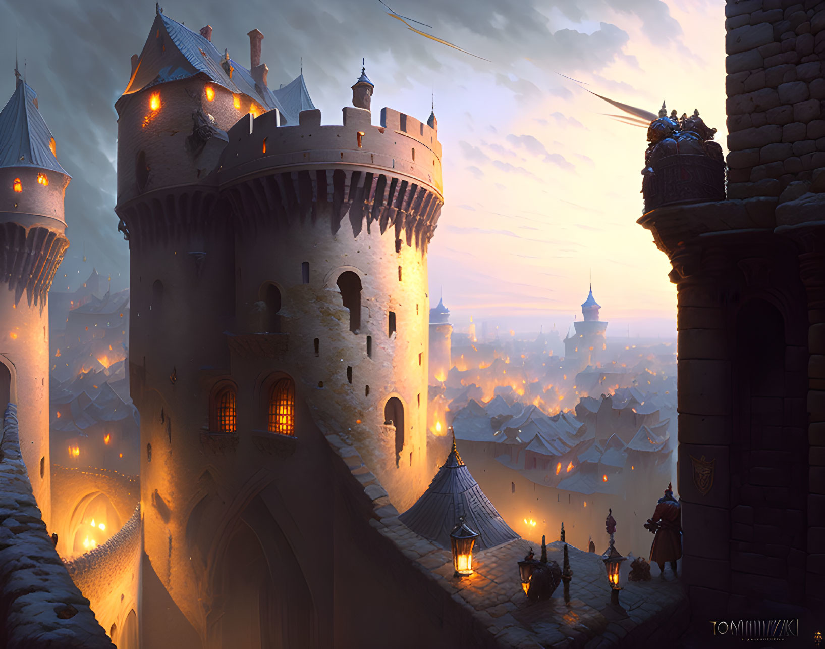 Fantasy castle at dusk with illuminated towers overlooking twinkling city lights