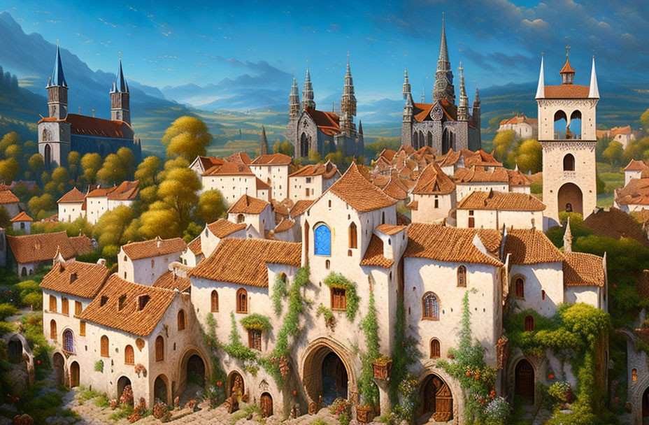 Medieval fantasy village with cobblestone buildings and spires in serene landscape