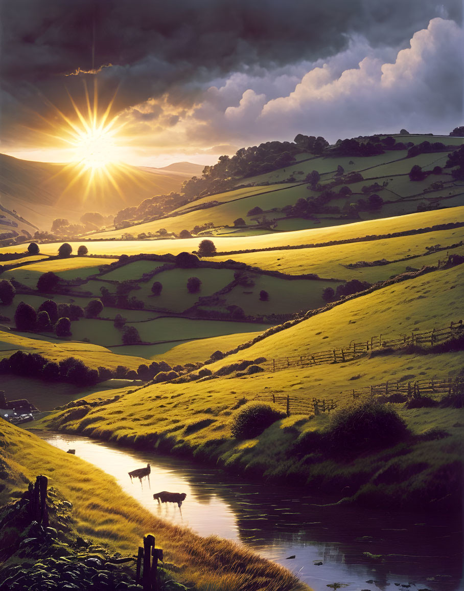 Picturesque sunset scene with river, animals, hills, and dramatic sky