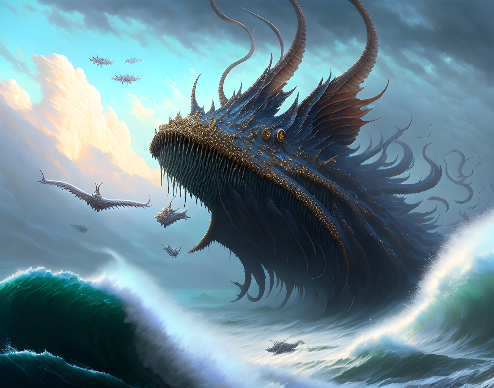 Gigantic sea monster with horns and scales in dramatic sunset scene