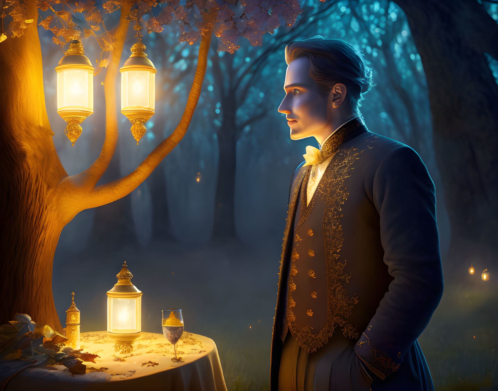 Elegantly dressed man beside a tree with lanterns at dusk, romantic table for two under blo