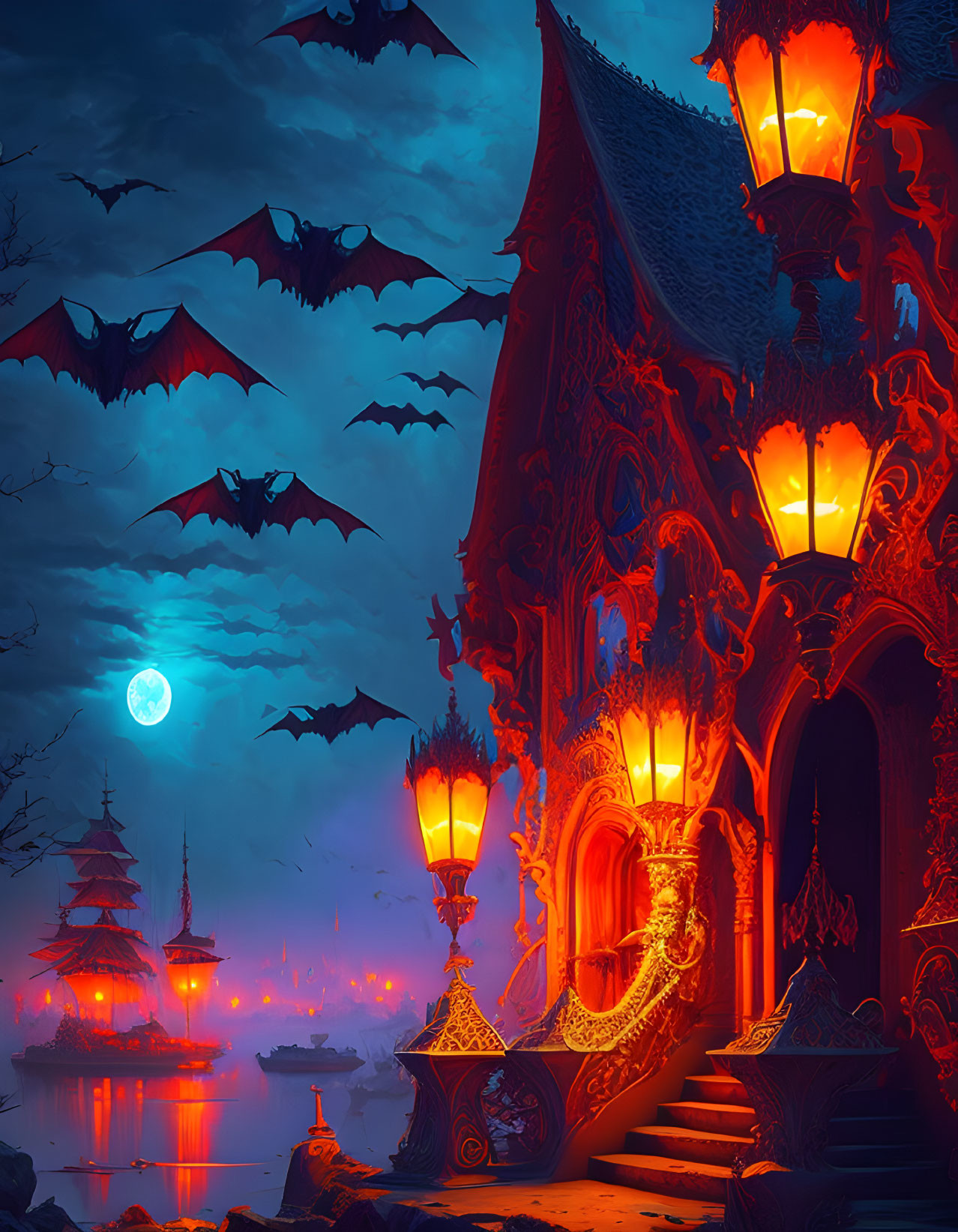 Gothic-style mansion night scene with lanterns, full moon, bats, pagoda silhou