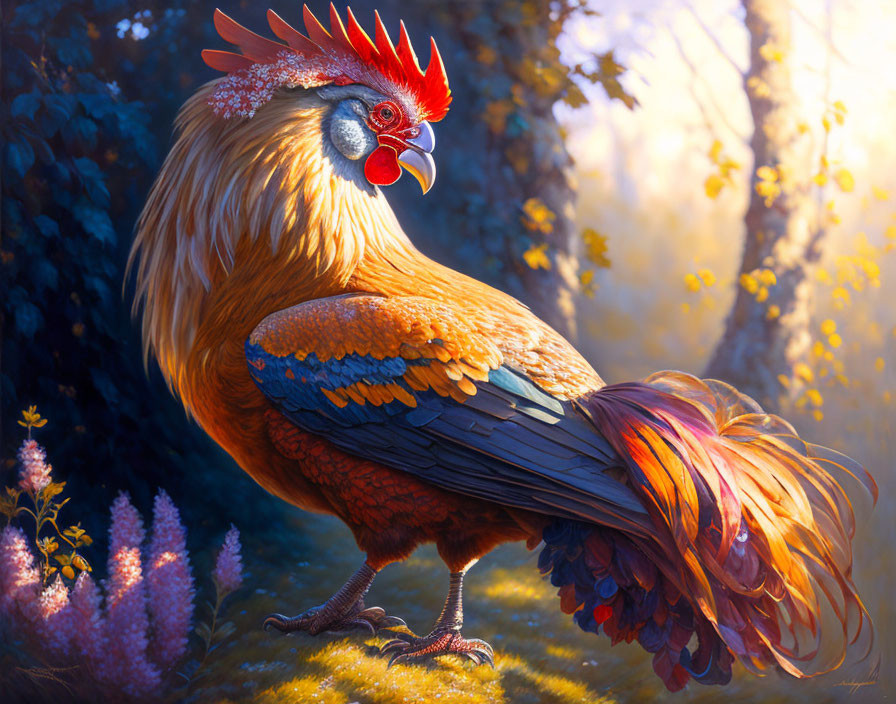 Majestic rooster with reddish-orange feathers in forest sunlight