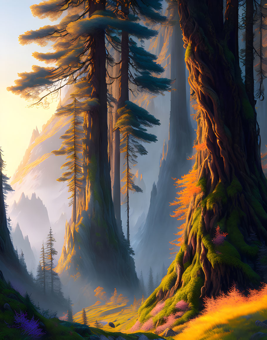 Lush Forest Scene with Sunbeams and Misty Mountains