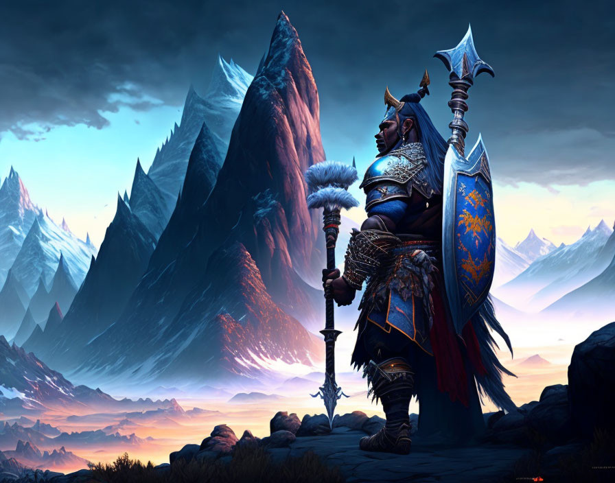 Plate-armored warrior with axe and shield against icy mountains at dusk