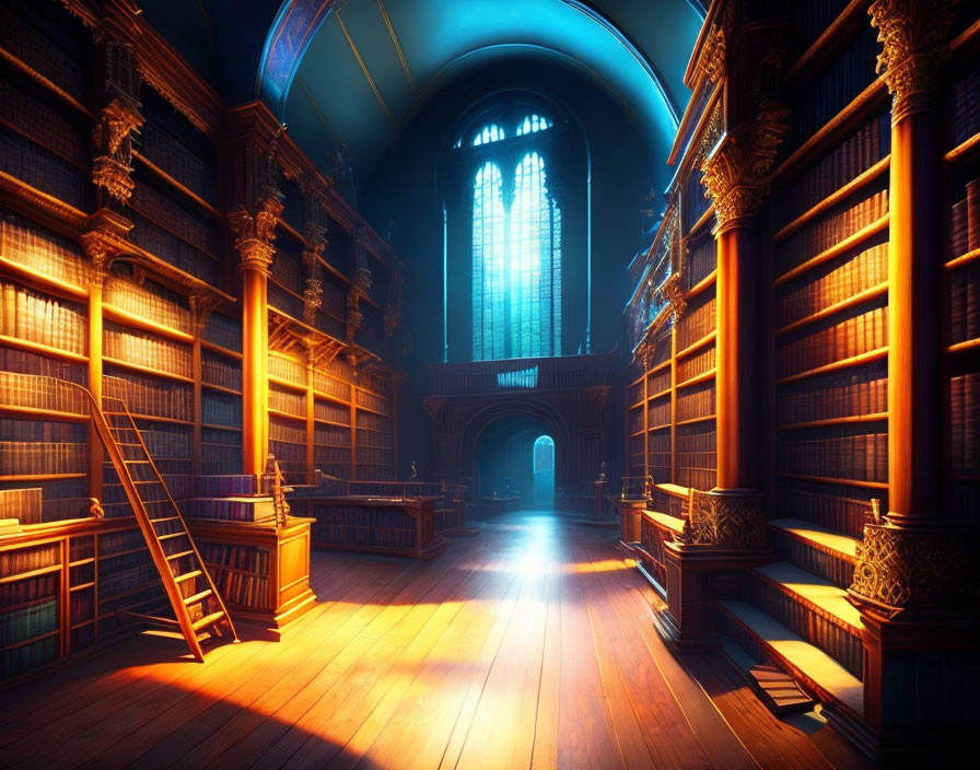 Expansive library with tall bookshelves, arched window, and ladder