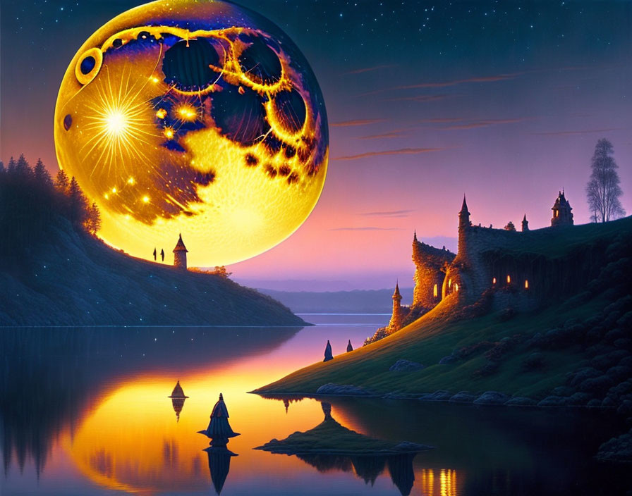 Surreal twilight landscape with castle, figures, lake, and oversized moon