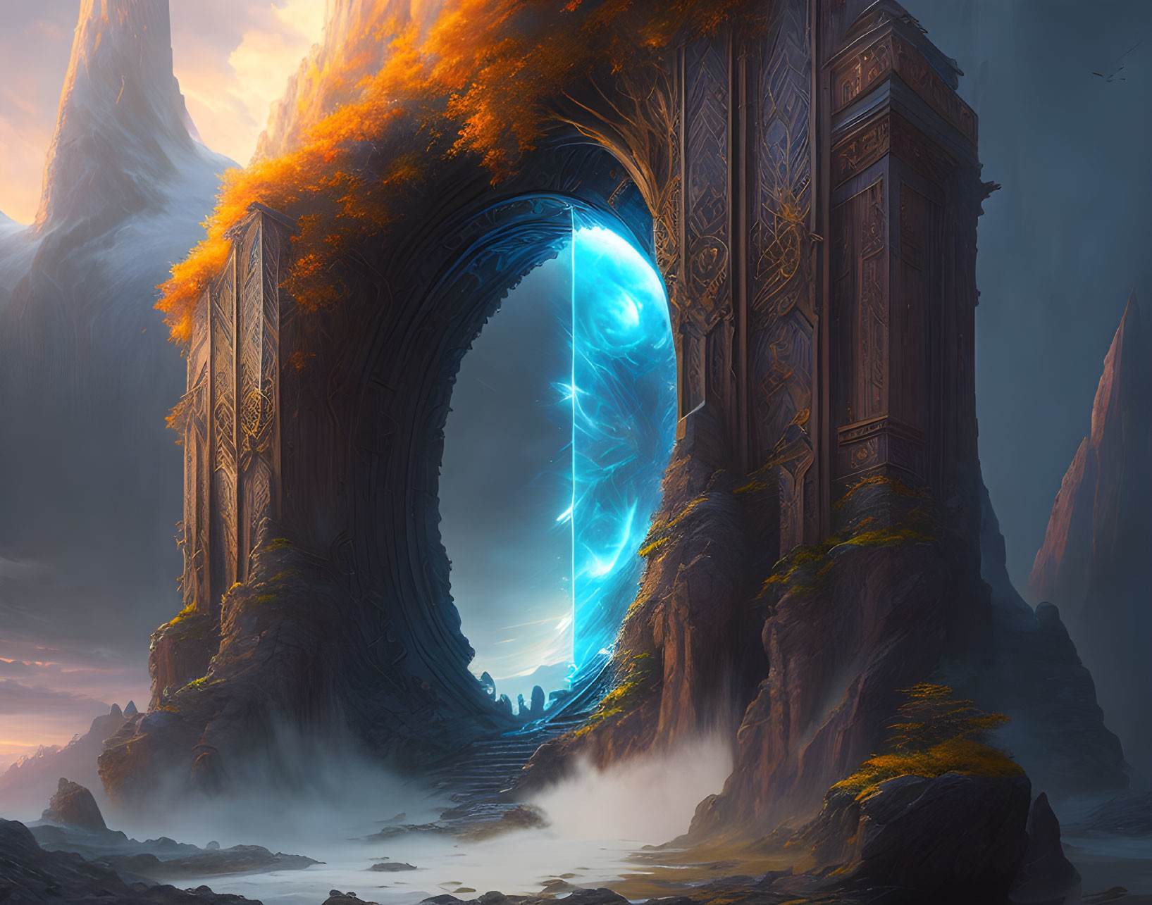 Ornate mystical archway in rocky terrain with swirling blue portal