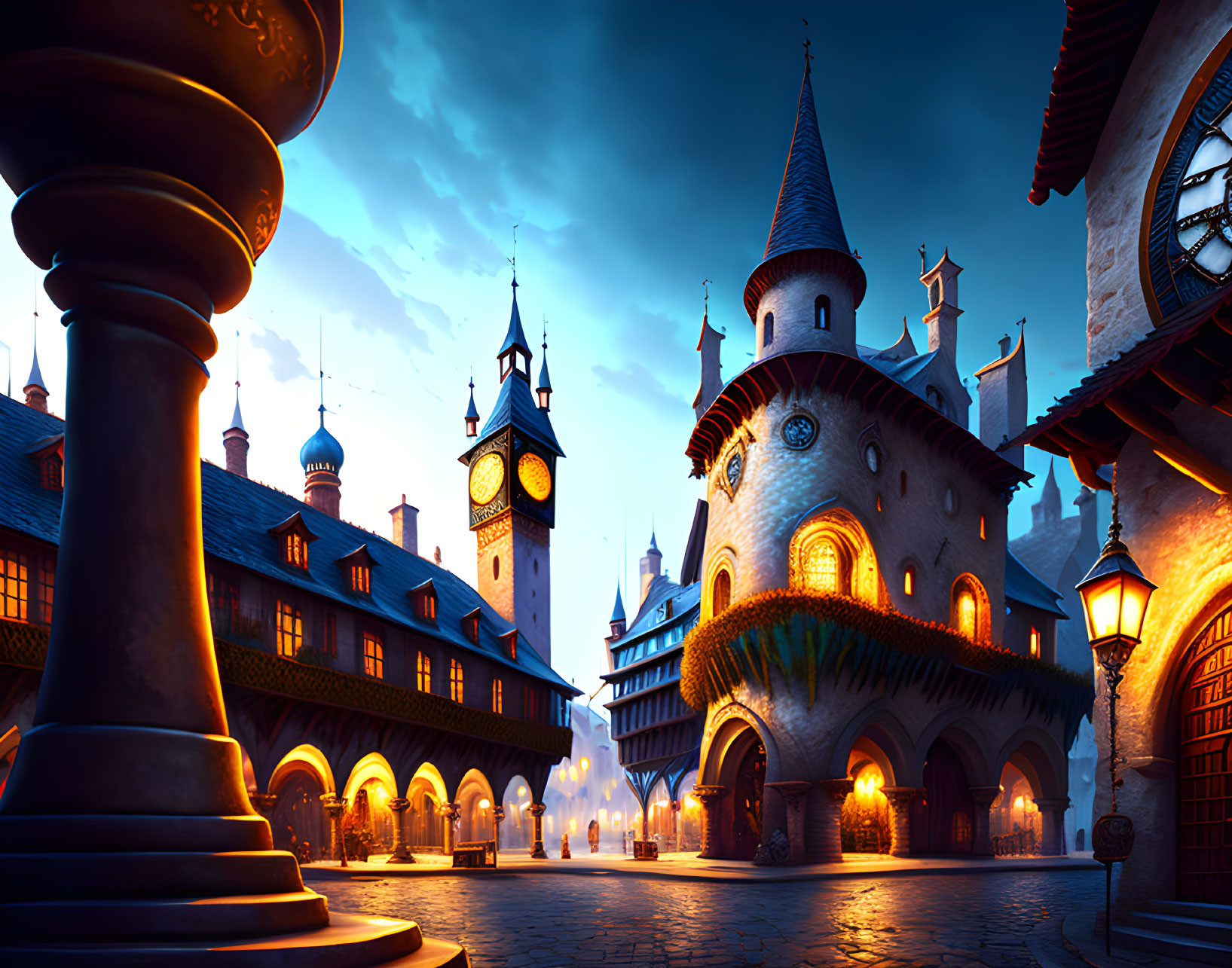 Medieval village at twilight: cobblestone streets, fairy-tale towers, glowing lamps