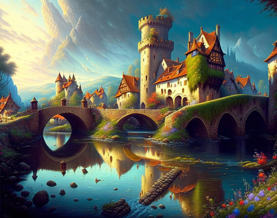 Fantasy castle with towers, stone bridge, river, lush greenery, flowers, dramatic sky