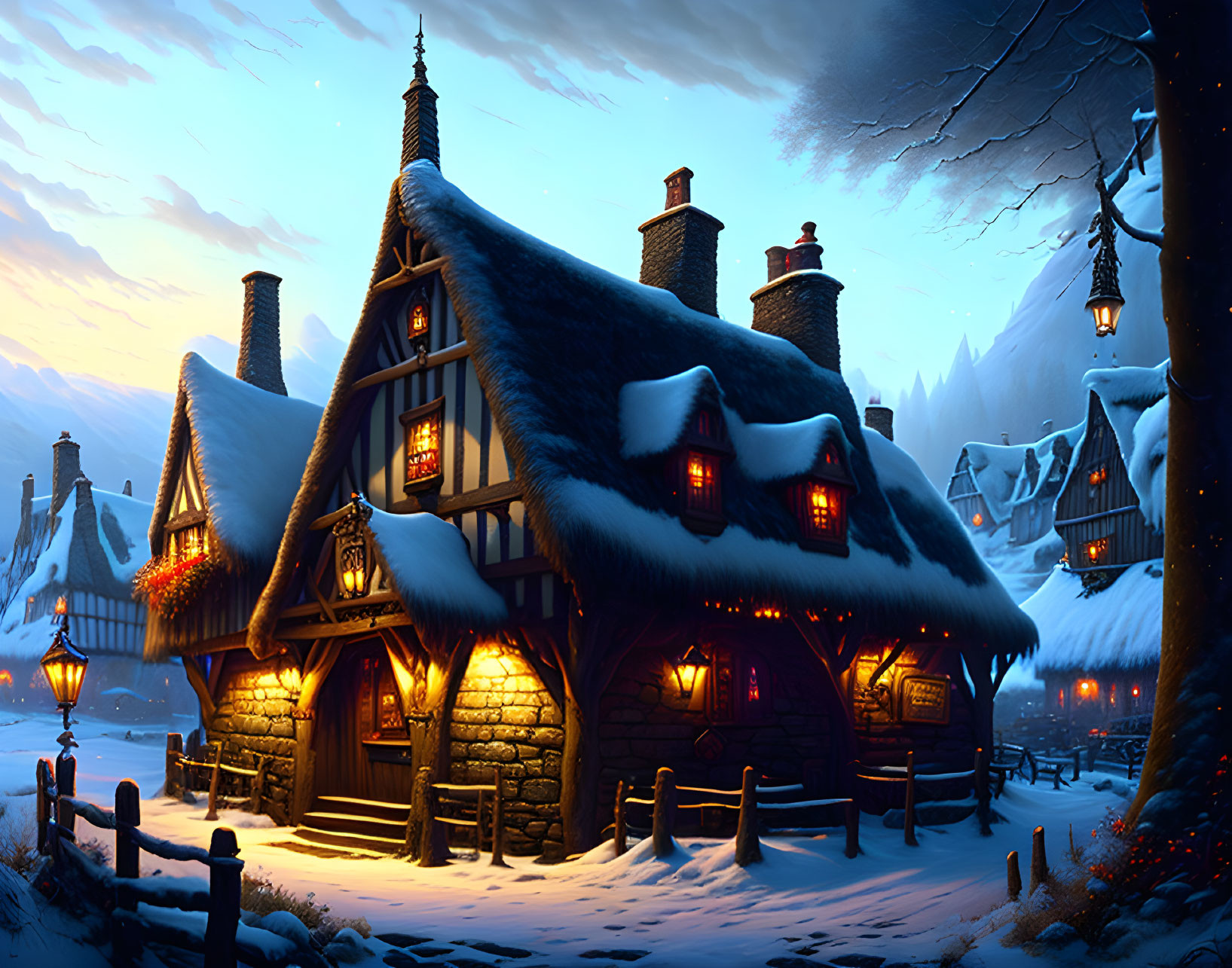 Winter scene: Snowy village with cozy cottages and glowing street lamps