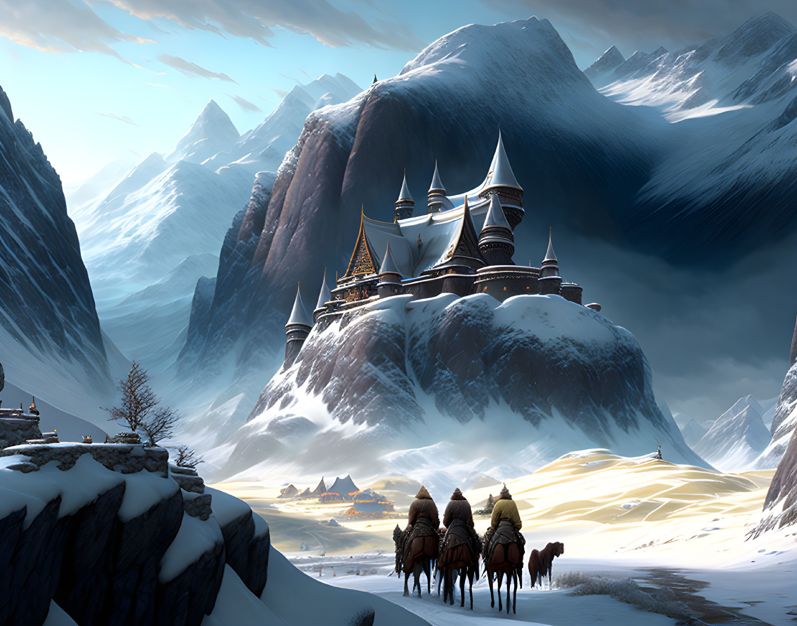 Snowy Mountain Castle: People on Horses Approaching in Winter Landscape