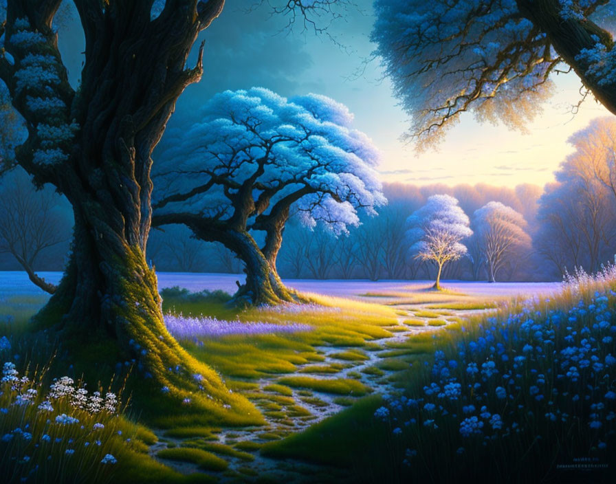 Vibrant blue trees, winding yellow path, and white flowers in fantasy landscape