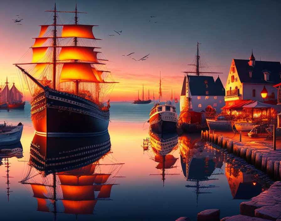 Tranquil harbor scene at dusk with tall ship, boats, reflections, lit buildings, and birds