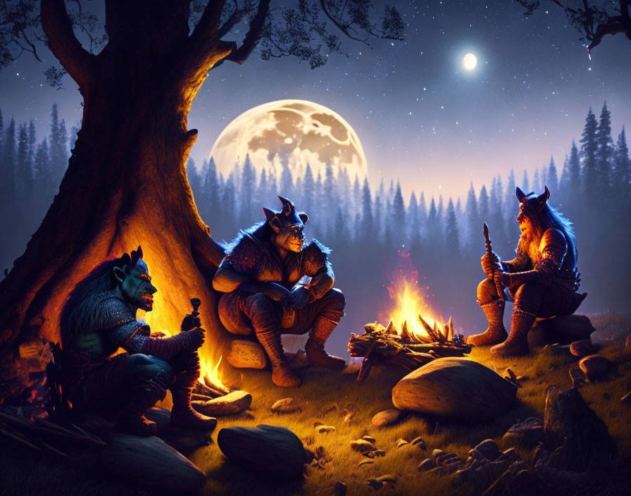 Fantasy creatures by campfire in moonlit forest