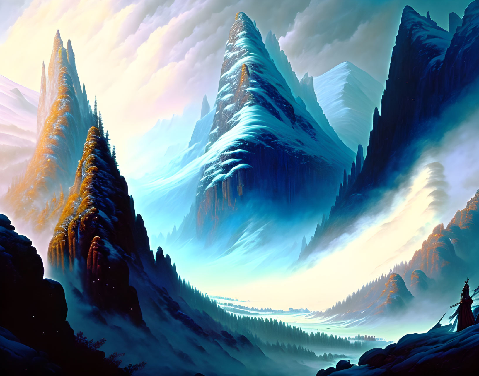 Digital artwork: Serene mountain peaks under colorful sky