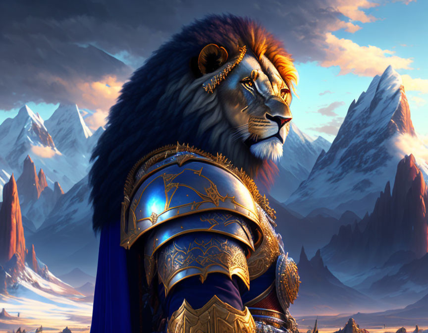 Armored lion with human-like posture against mountain backdrop