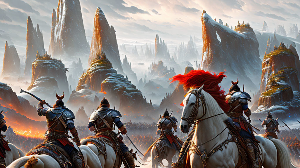 Armored knights on horseback in majestic fantasy landscape.