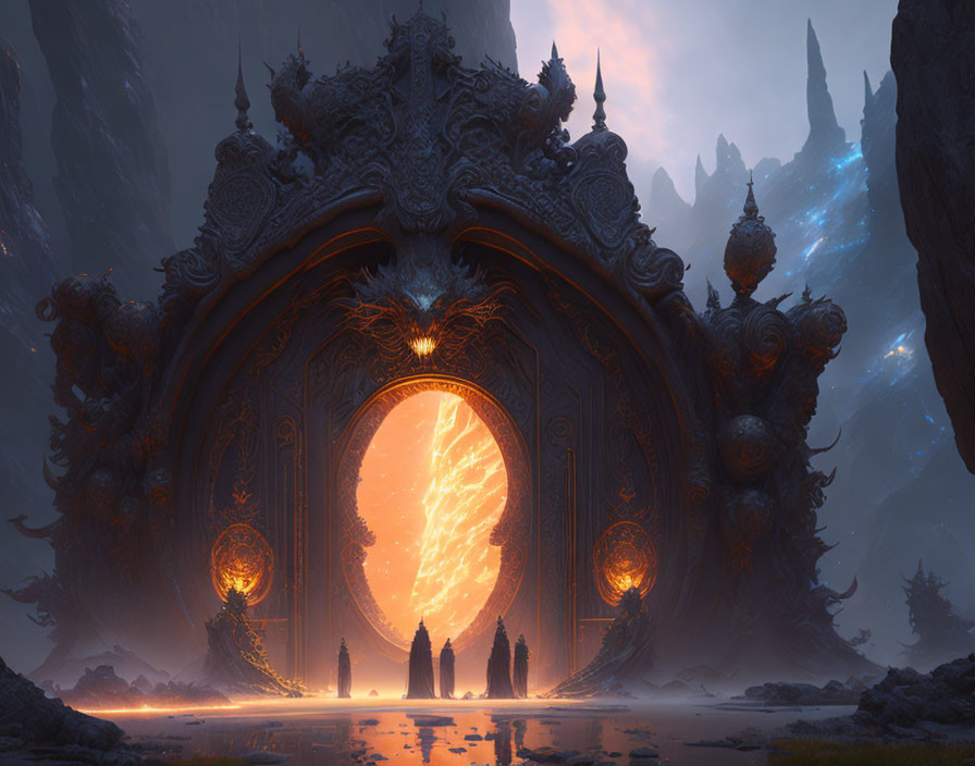 Intricate glowing gate with four silhouetted figures in misty landscape