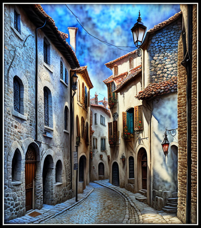 Picturesque cobblestone alley with old buildings and hanging plants under dramatic sky