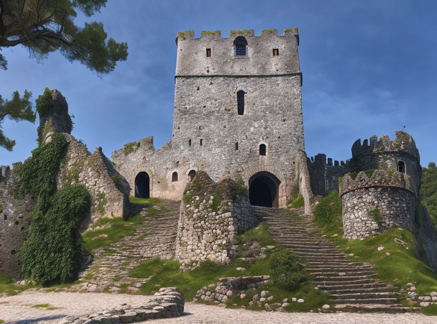 Stone castle with central tower and walls under blue sky.