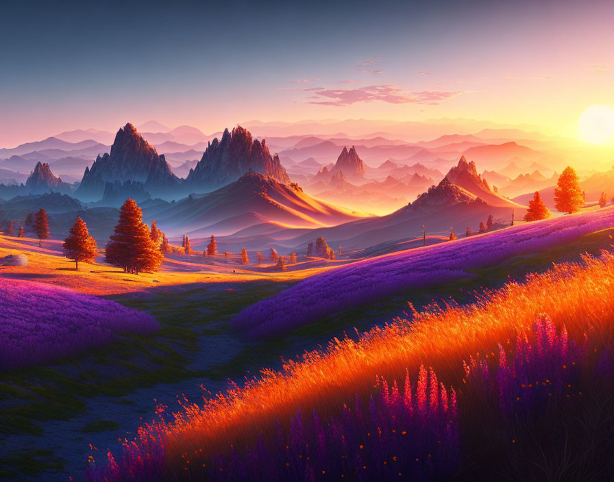 Scenic sunrise landscape with purple flowers, hills, and mountain peaks