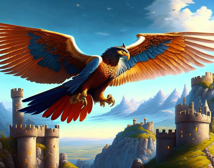 Majestic eagle with red and blue feathers over fantasy landscape