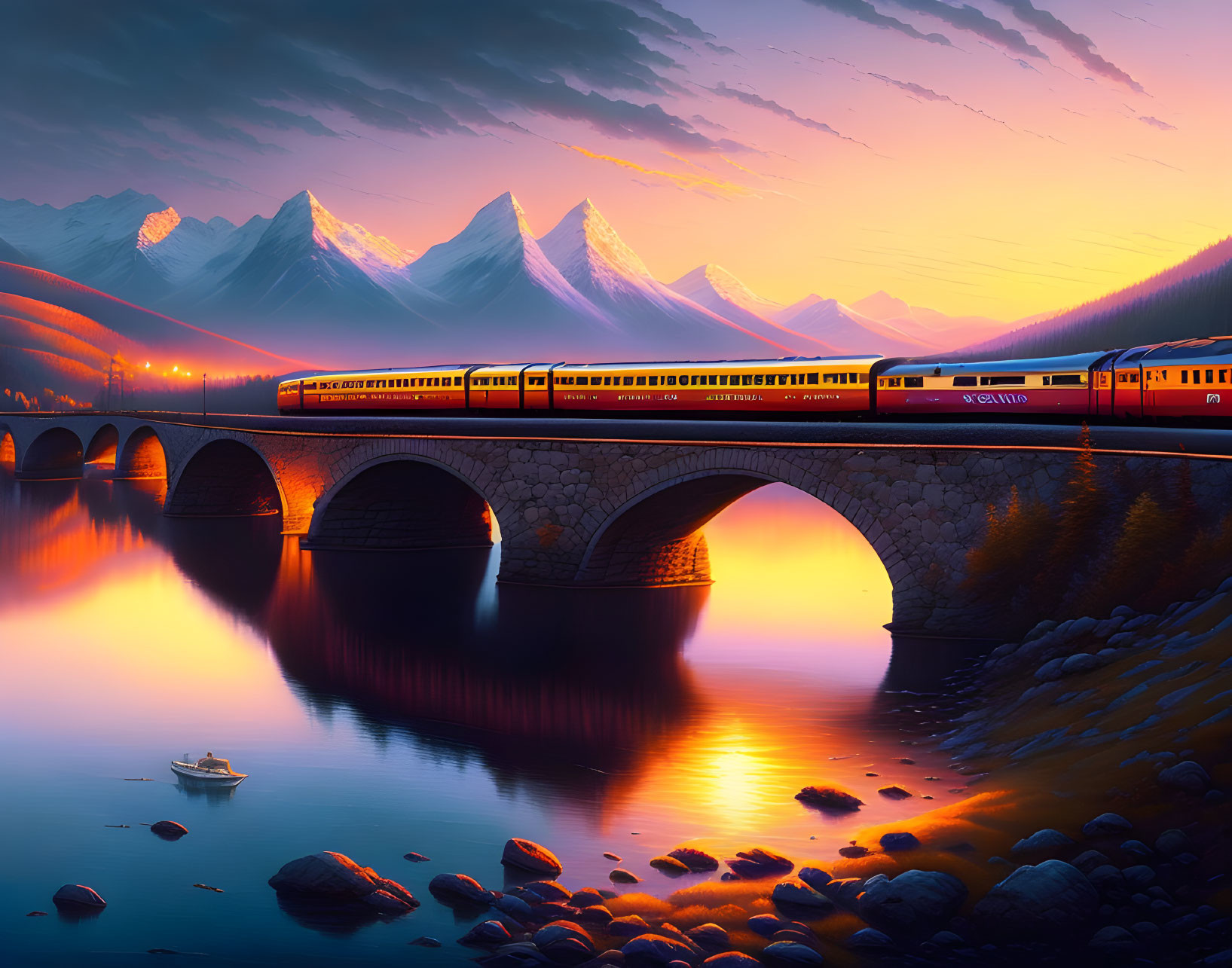 Train crossing stone bridge at sunset with snowy mountains and colorful sky