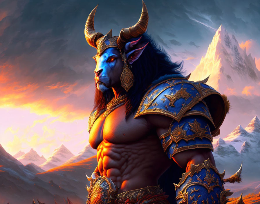 Blue-skinned muscular character in ornate armor against fiery sky and mountains