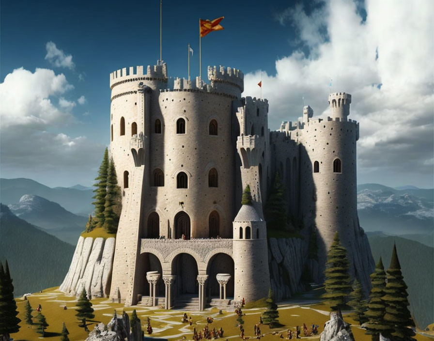 Medieval castle with towers, keep, mountains, and people in serene landscape