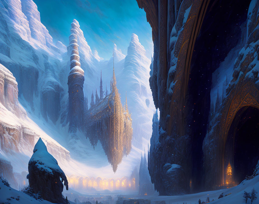 Snowy Valley with Towering Cliffs and Floating Castle in Illuminated Scene