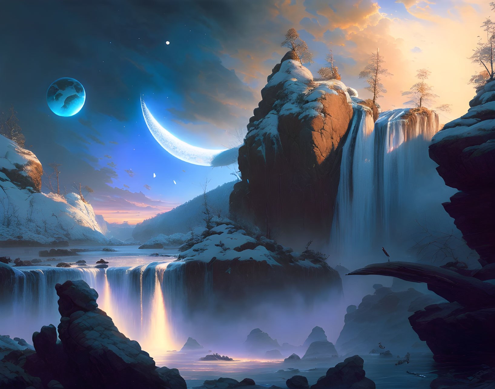 Surreal landscape with waterfalls, crescent moon, snowy cliffs, and misty waters