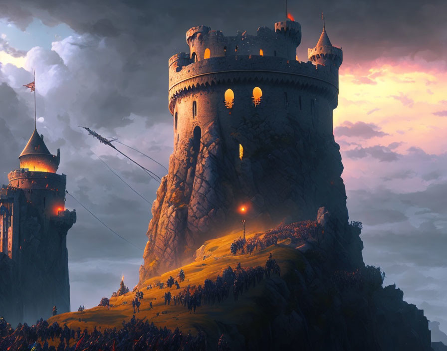 Fantasy castle on steep cliff with armed figures approaching under moody sky