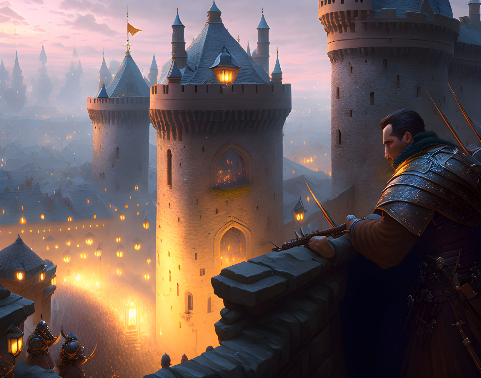 Knight admiring medieval castle at dusk with lit torches