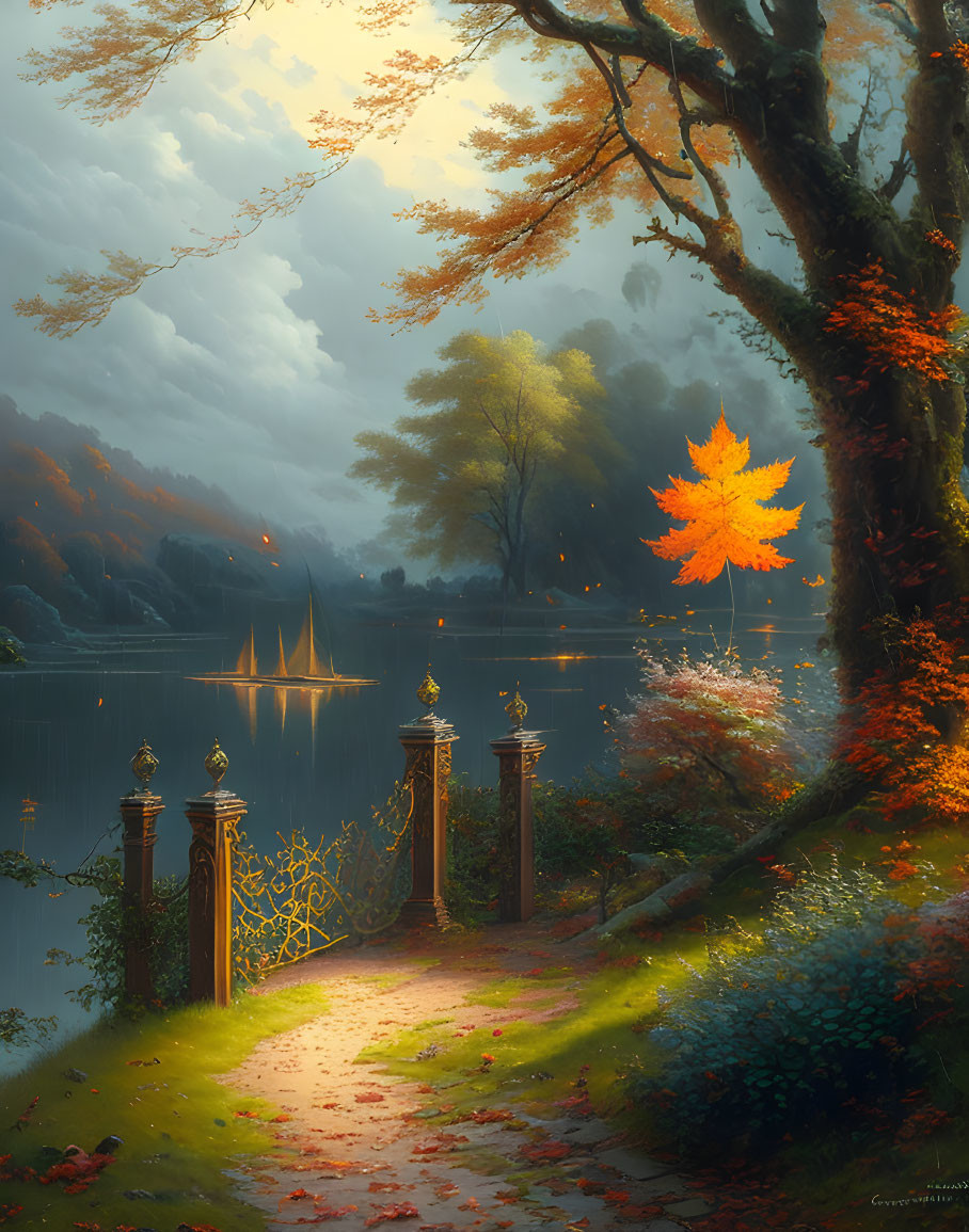 Tranquil autumn lake scene with glowing foliage and sailboat