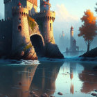 Castle with towers and gatehouse near water at dusk, reflecting in autumnal setting