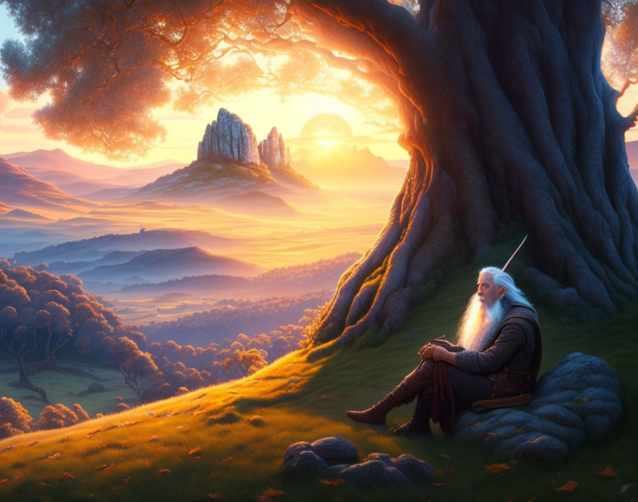 Serene fantasy landscape: wise old man under tree, hills, mountains, glowing sky