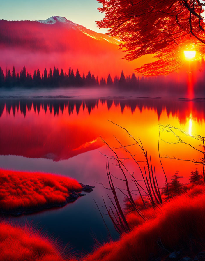 Fiery red sunrise over tranquil lake and mountain landscape