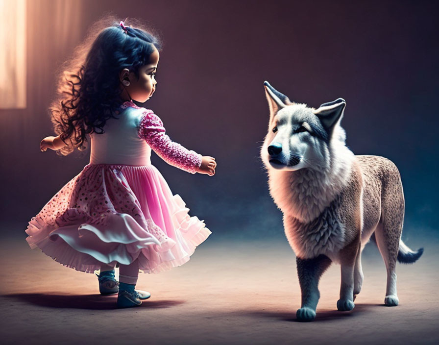 Young girl in pink dress interacting with husky in softly lit room