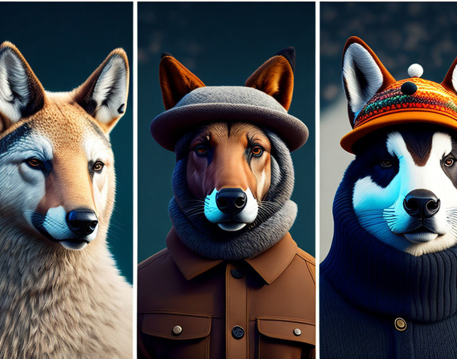 Stylized anthropomorphic foxes in detective, rural hat, and winter cap attire