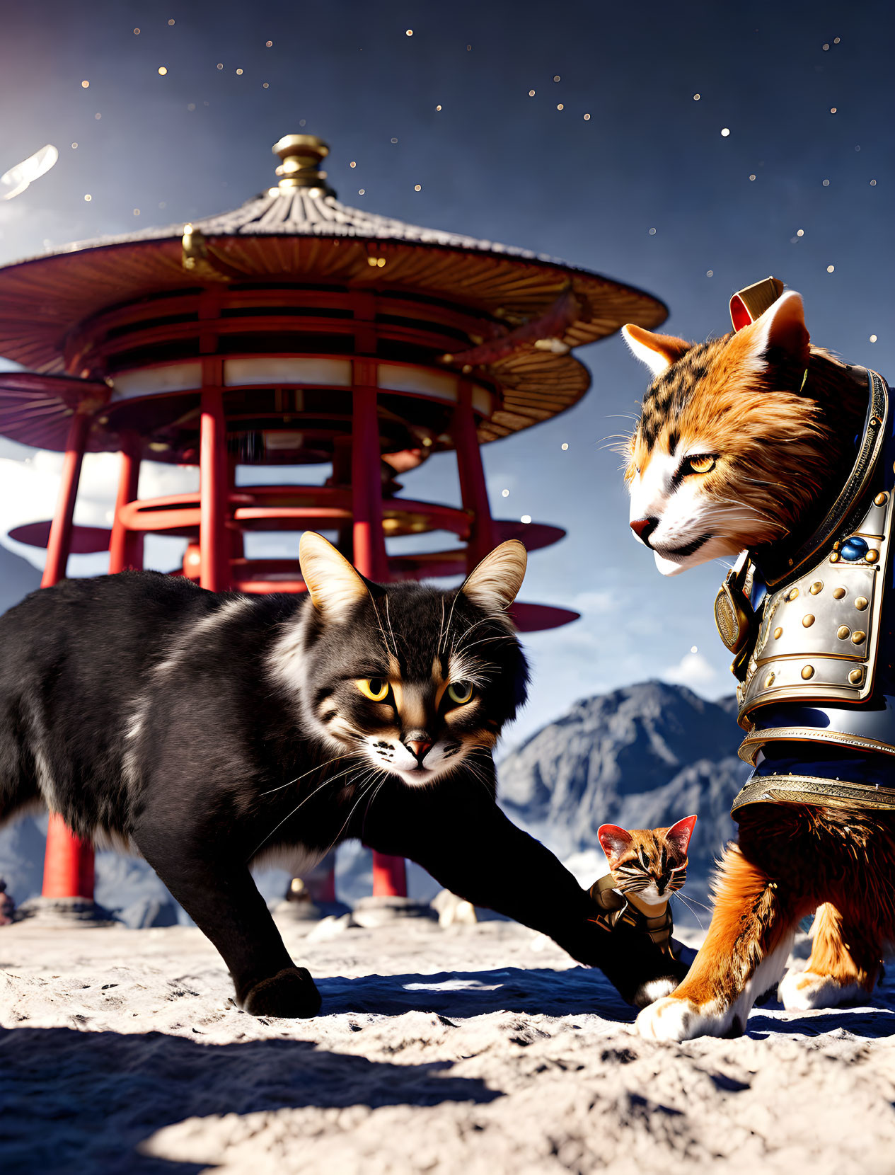 Realistic anthropomorphized warrior cats in Japanese armor with red pagoda.