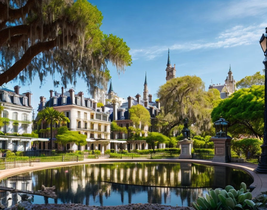 Tranquil park with greenery, pond, moss-covered trees, and European-style buildings.