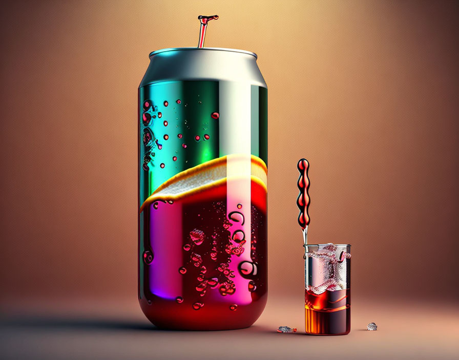 Surreal image of beverage can with citrus slice and glass with swirling drink and ice cubes