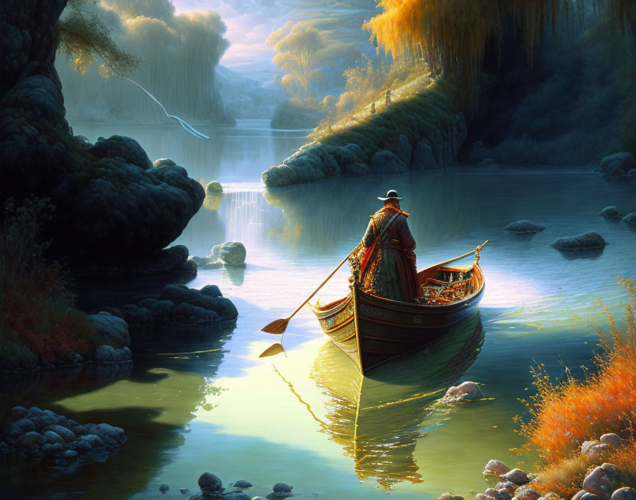 Person in cloak rows boat on calm river surrounded by lush greenery and rocks