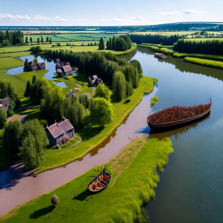 Aerial View of Green Landscape with River, Houses, Boat, and Viking Ship