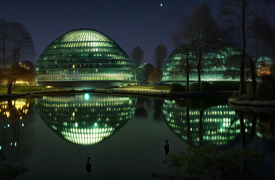 Futuristic domed buildings illuminated in green light by calm waterfront at night