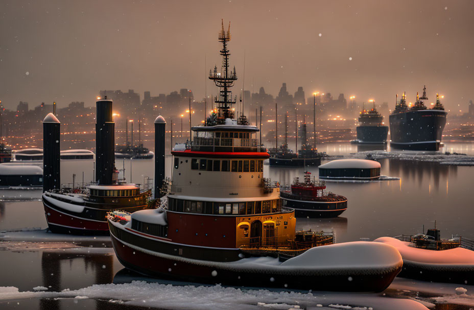 Snowy harbor scene at dusk with moored tugboats and illuminated vessels in calm waters.