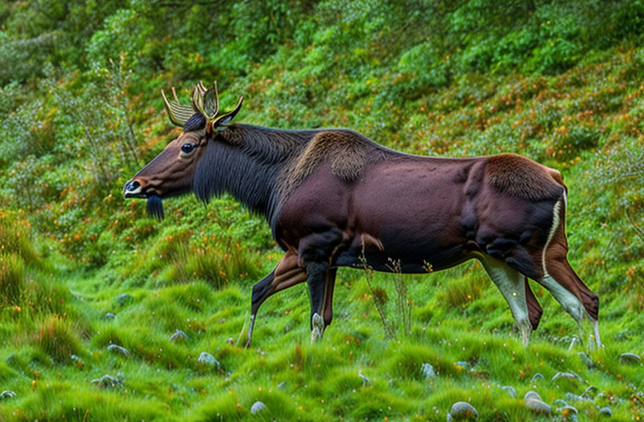 Brown elk with branch in mouth in misty forest meadow